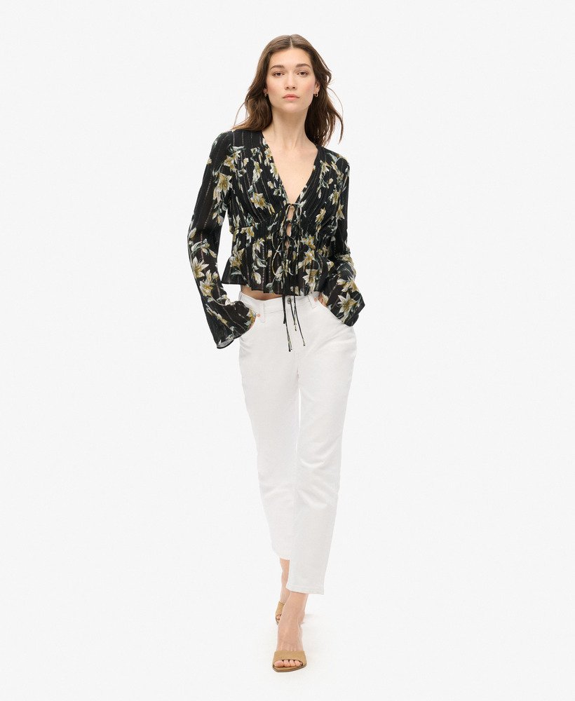 blusa plissada em tecido plano com mangas estilo anos 70 na cor wild lillies