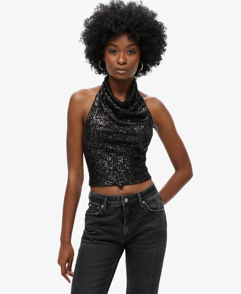 top de lantejoulas com decote halter e drapeado na cor preta lisa.
