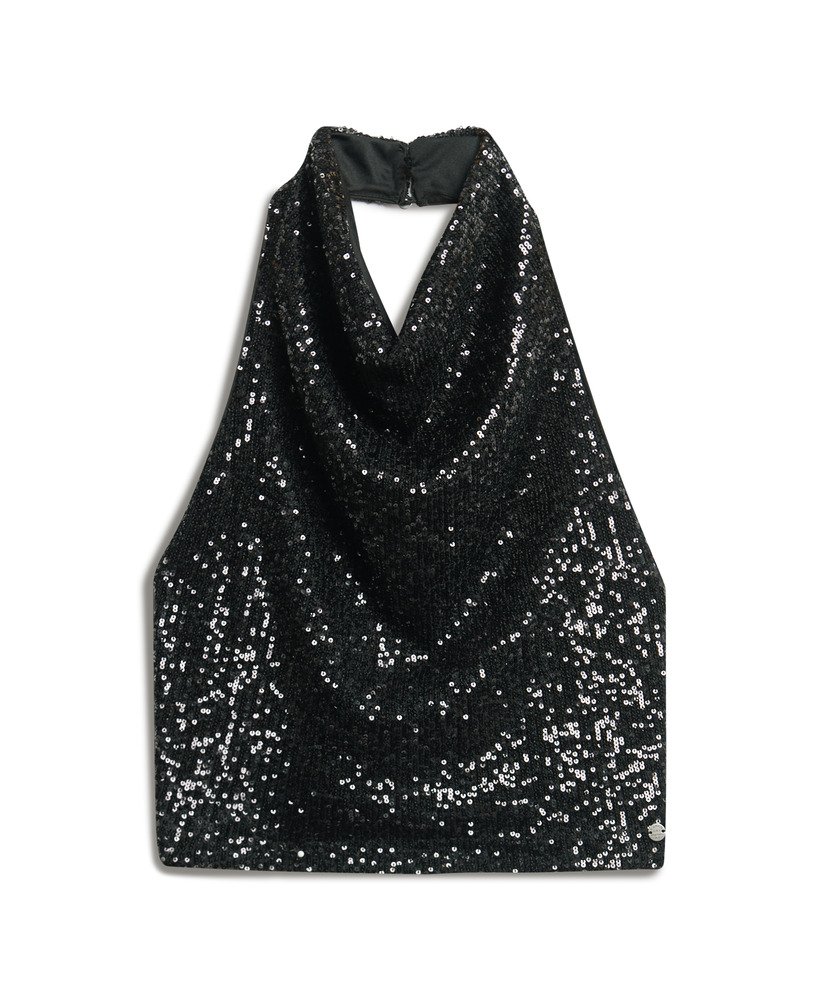 top de lantejoulas com decote halter e drapeado na cor preta lisa.