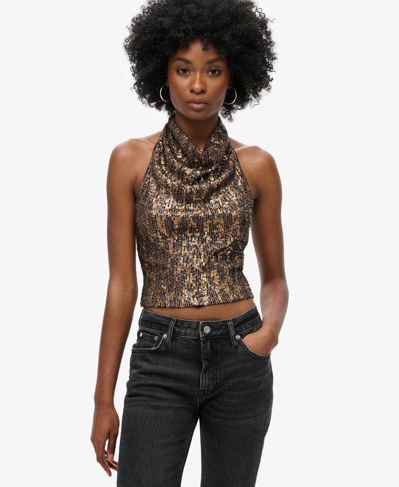 top com decote halter e drapeado em lantejoulas marrons e douradas.