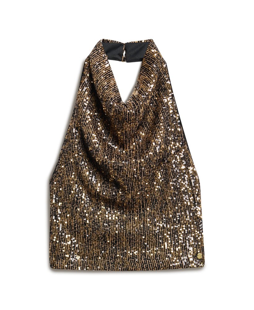 top com decote halter e drapeado em lantejoulas marrons e douradas.