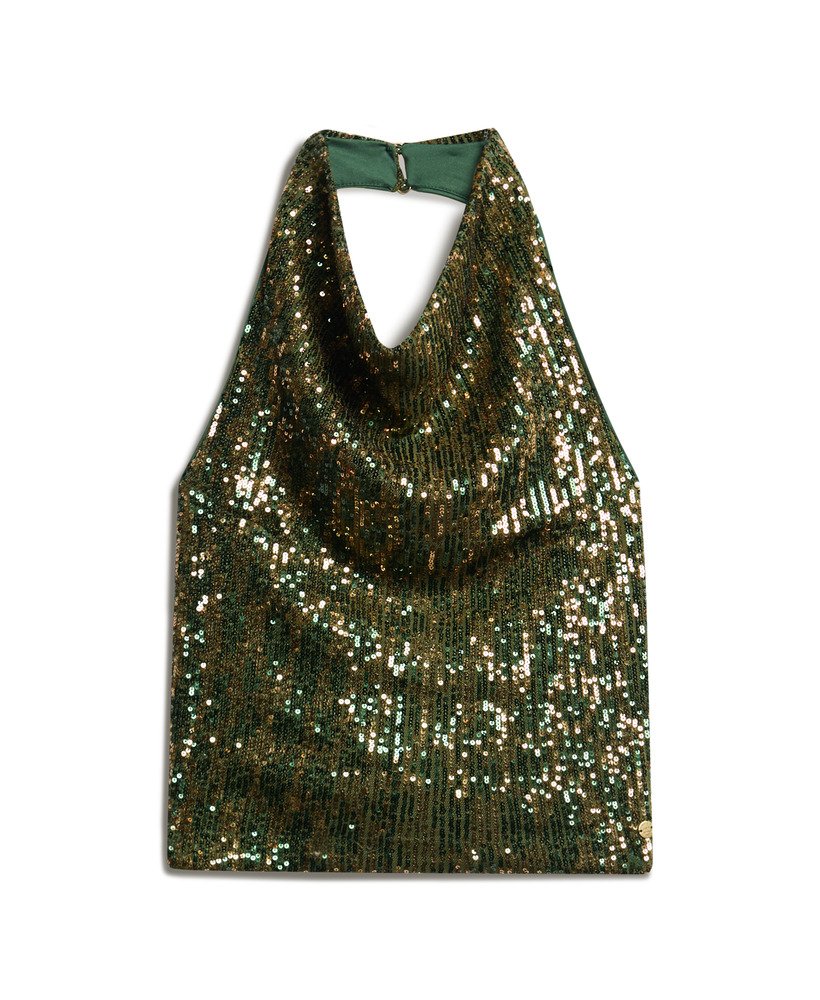 top com decote halter e drapeado em lantejoulas verdes e douradas.