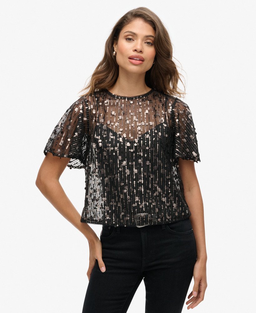 blusa transparente de manga curta com lantejoulas na cor cinza stadium grit.