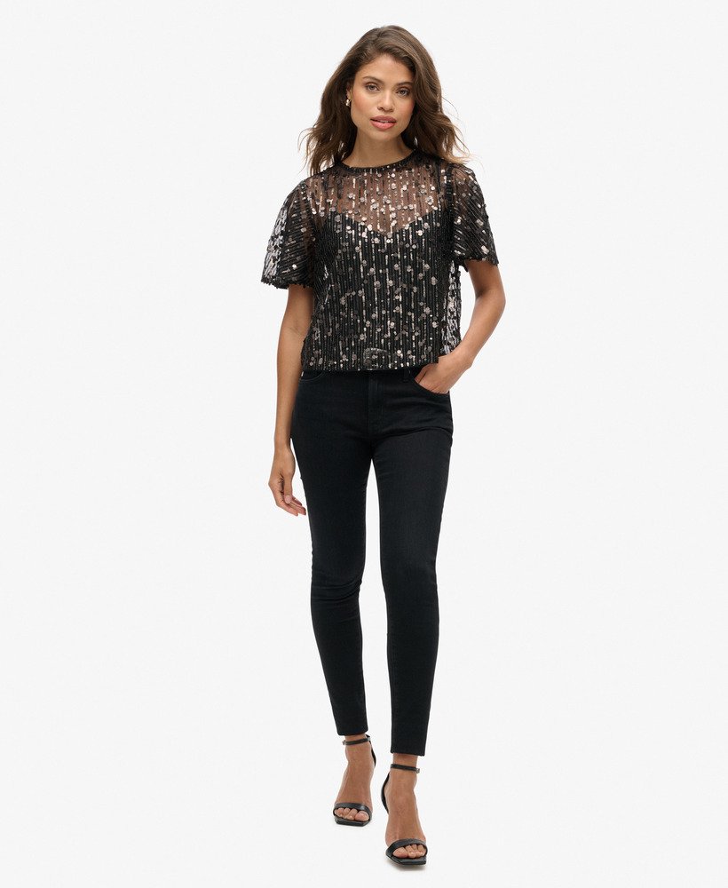 blusa transparente de manga curta com lantejoulas na cor cinza stadium grit.
