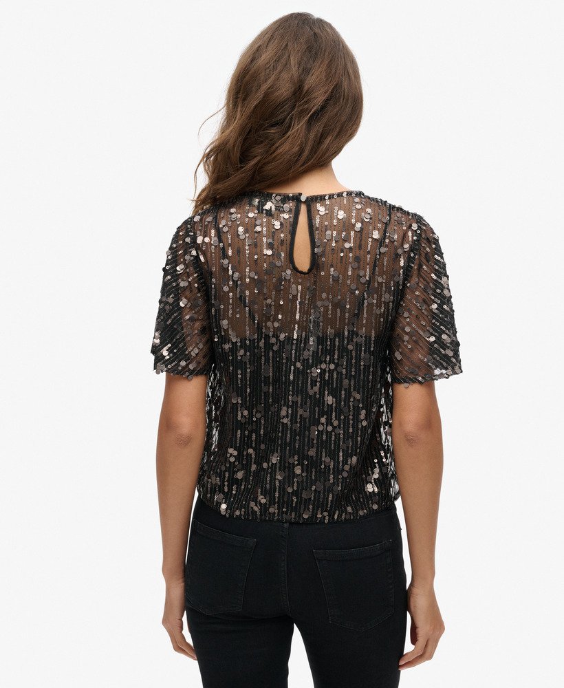 blusa transparente de manga curta com lantejoulas na cor cinza stadium grit.