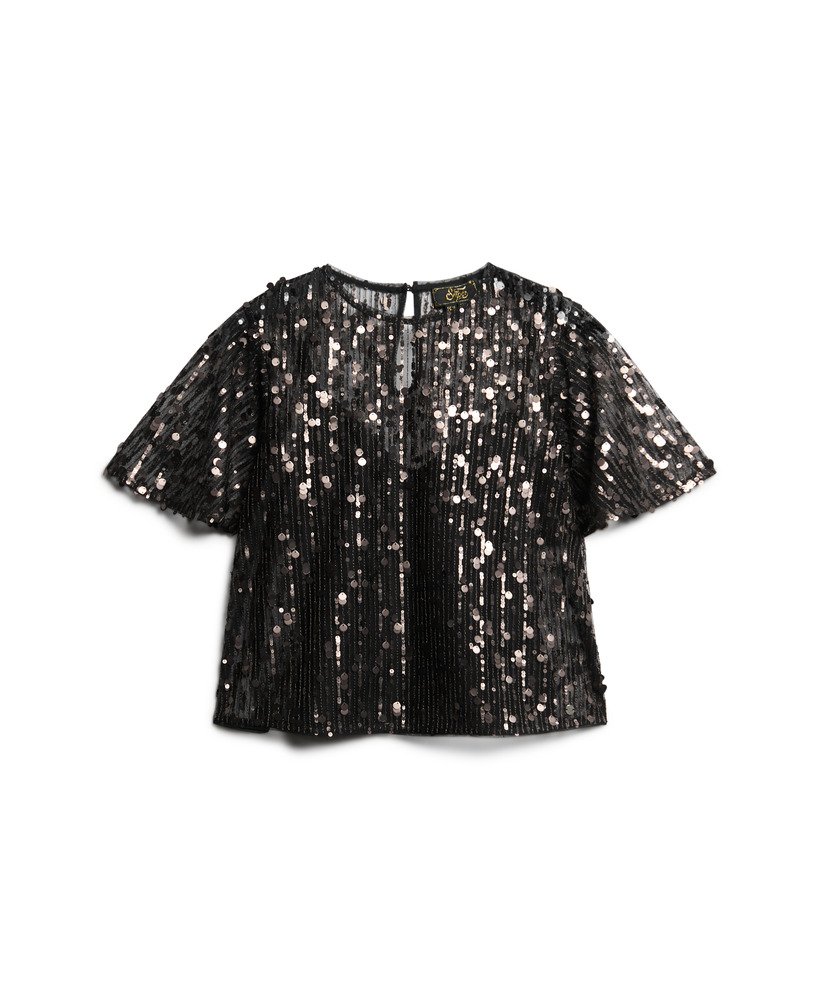blusa transparente de manga curta com lantejoulas na cor cinza stadium grit.