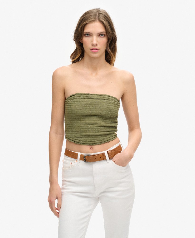top bandeau com detalhe franzido na cor cáqui lavado.