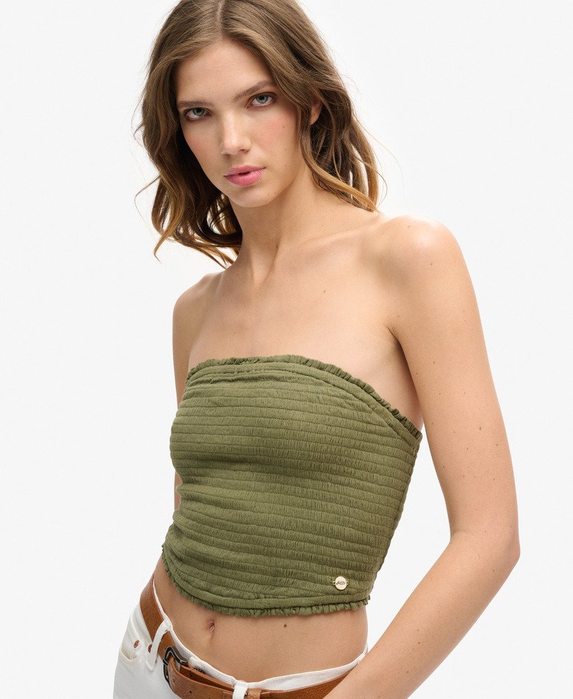 top bandeau com detalhe franzido na cor cáqui lavado.