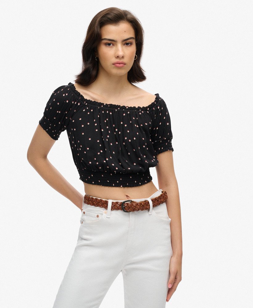 top cropped de manga curta com detalhe franzido na cor preto shadow spot