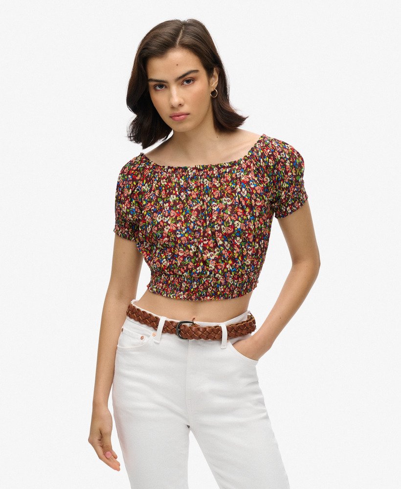 top cropped de manga curta com detalhe franzido na estampa betsy ditsy marrom.