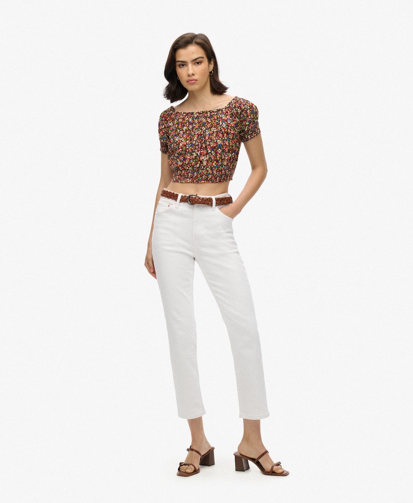top cropped de manga curta com detalhe franzido na estampa betsy ditsy marrom.