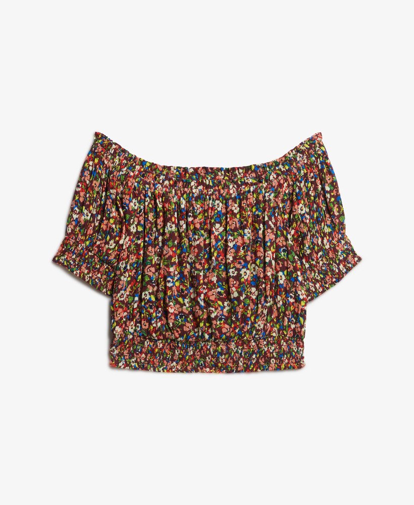 top cropped de manga curta com detalhe franzido na estampa betsy ditsy marrom.