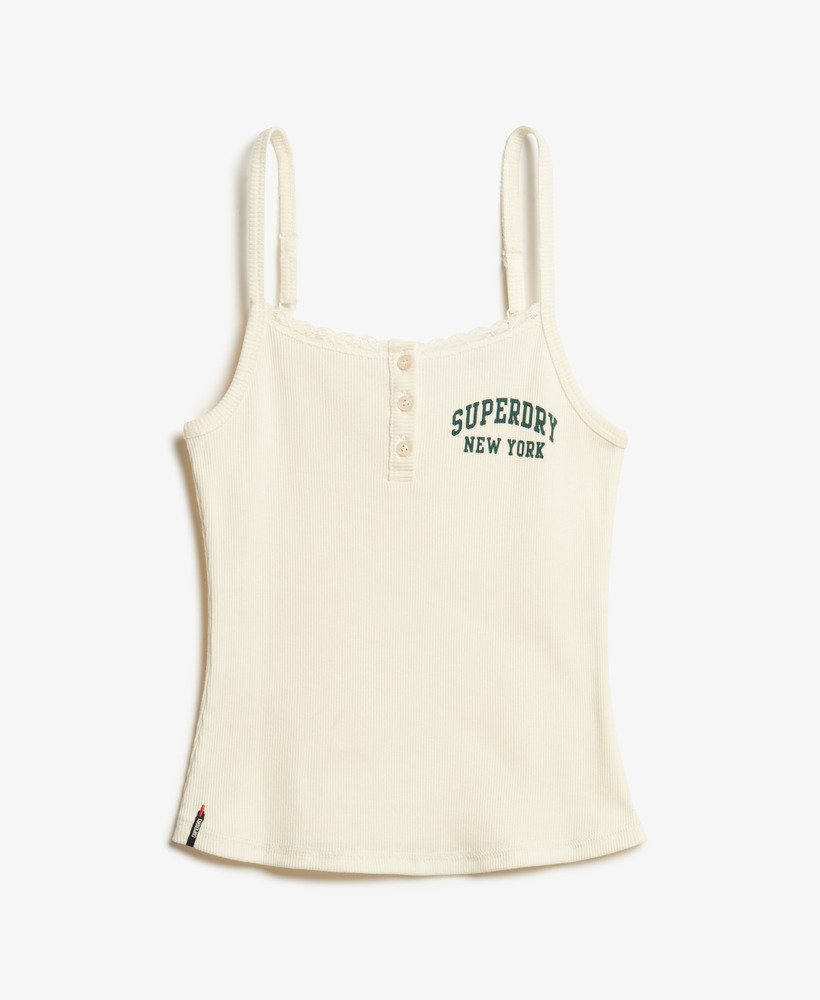 top regata esportivo essencial com estampa e botões na cor off white.