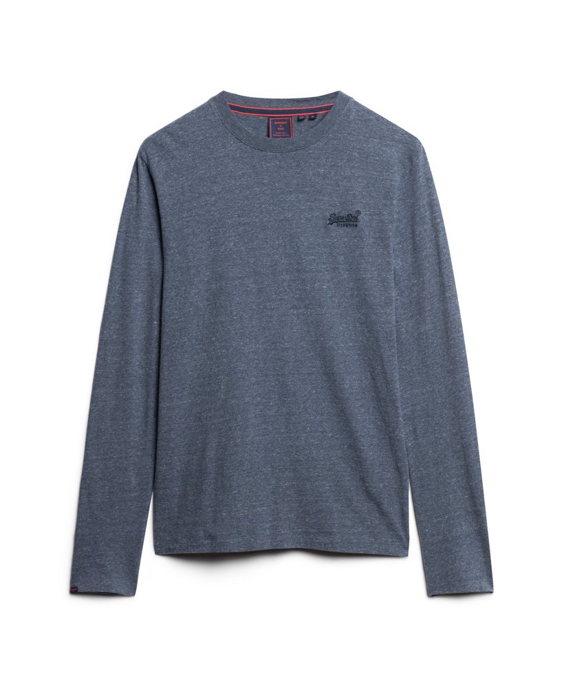 blusa vintage de algodão orgânico com logo bordado na cor azul marinho mesclado.