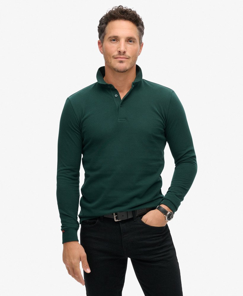 camisa polo de manga comprida em algodão piqué na cor verde-floresta.