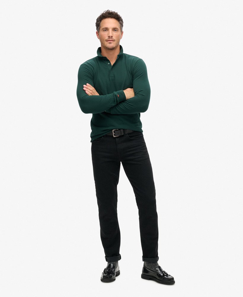 camisa polo de manga comprida em algodão piqué na cor verde-floresta.