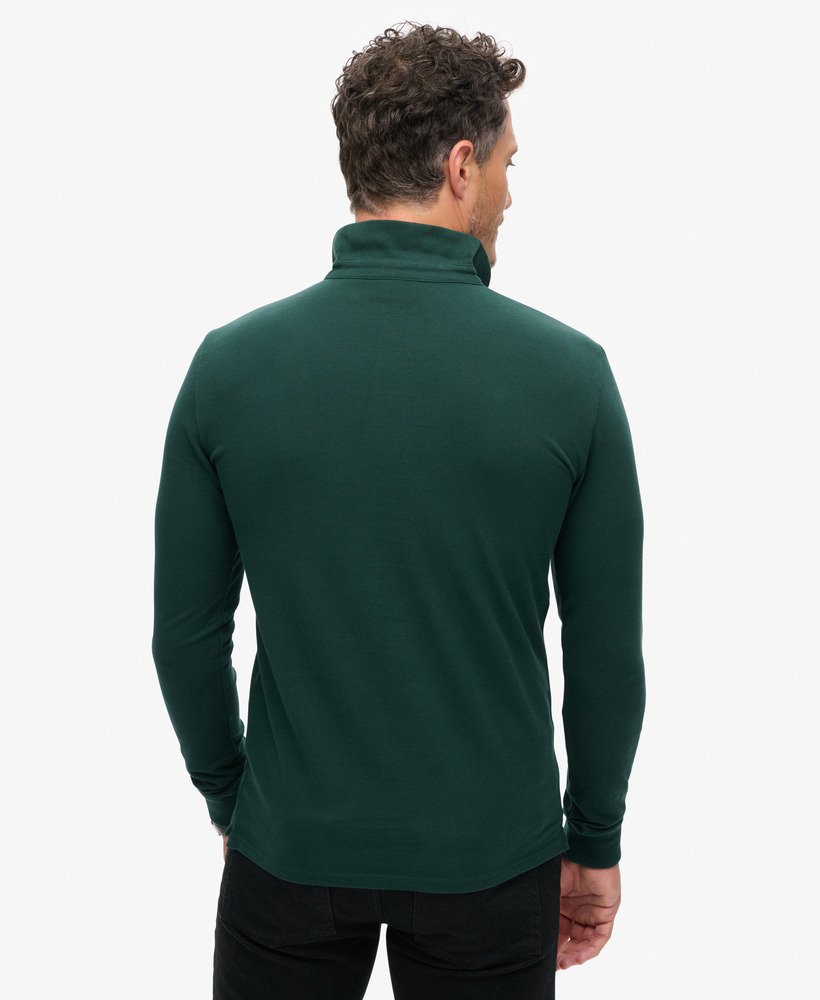 camisa polo de manga comprida em algodão piqué na cor verde-floresta.