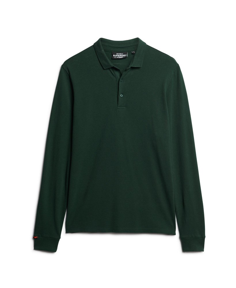 camisa polo de manga comprida em algodão piqué na cor verde-floresta.
