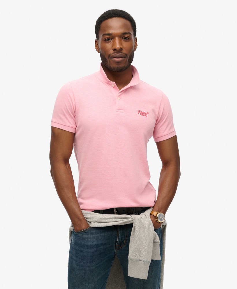 camisa polo clássica em piqué na cor rosa claro mesclado.