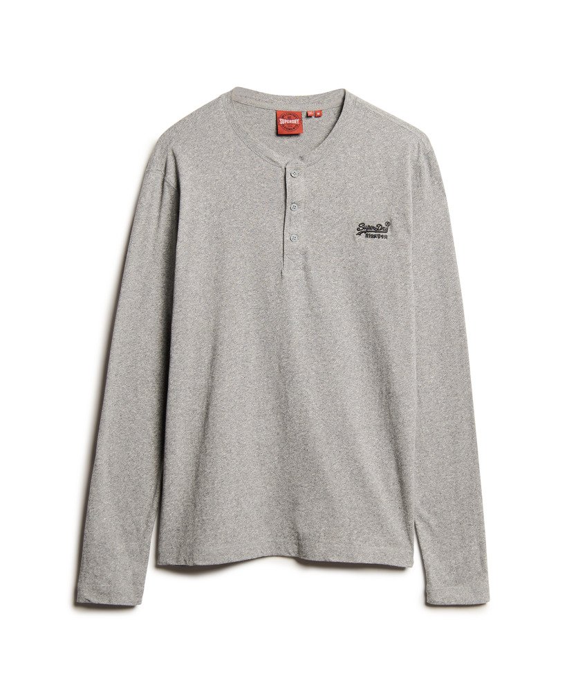 blusa vintage com bordado de logo e meio abotoamento em cinza escuro mesclado.