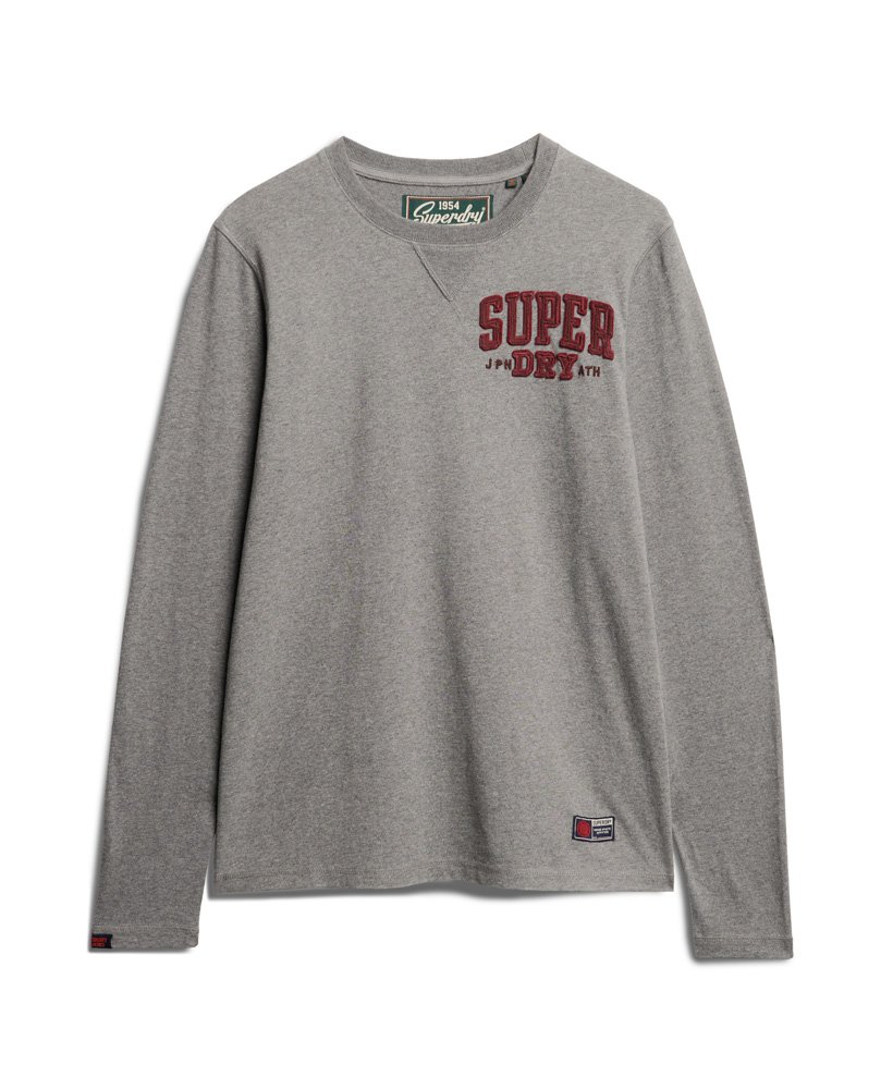 camiseta vintage esportiva de manga comprida na cor cinza mesclado médio.