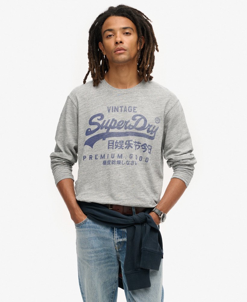 blusa clássica de manga comprida com estampa gráfica em cinza mesclado.