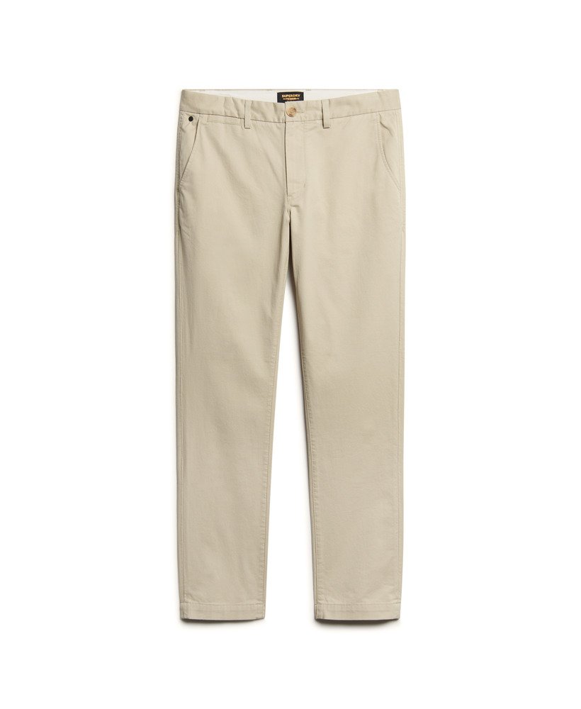 calças chino slim tapered stretch na cor bege pelicano.