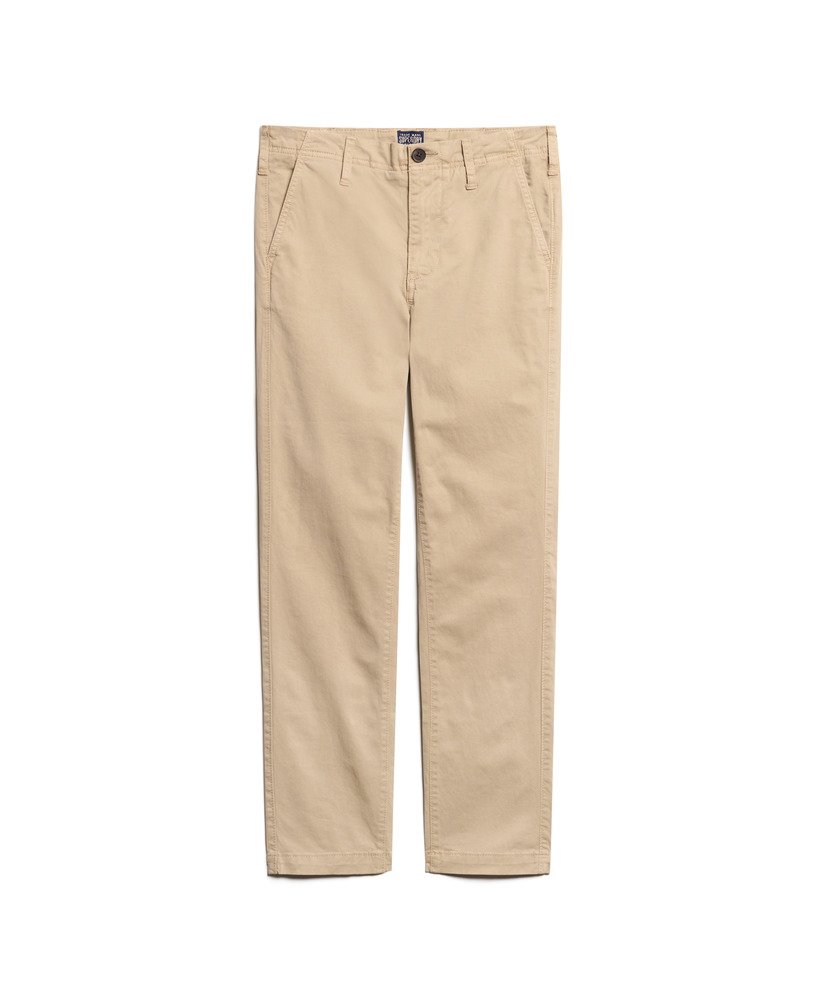 calças chino de cintura média em tom marrom taupe com lavagem stonewash