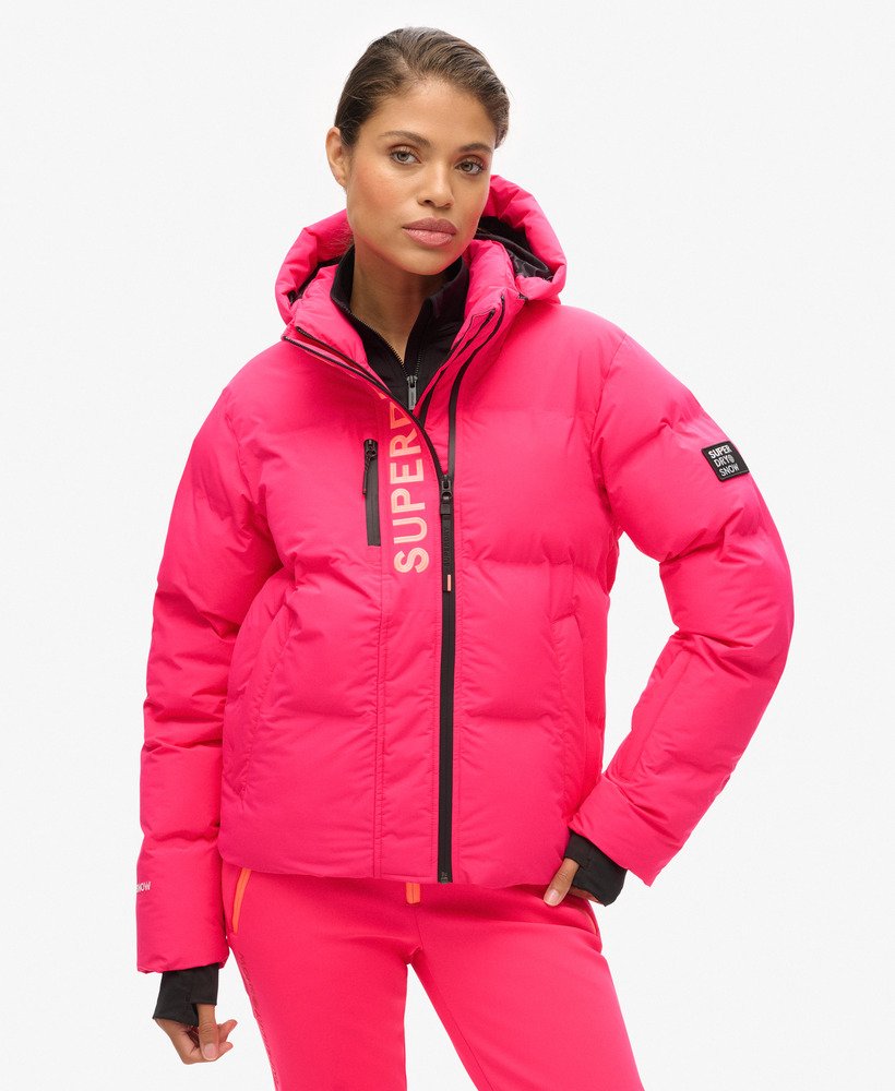 jaqueta puffer boxy com capuz para esqui na cor rosa hiper fire.