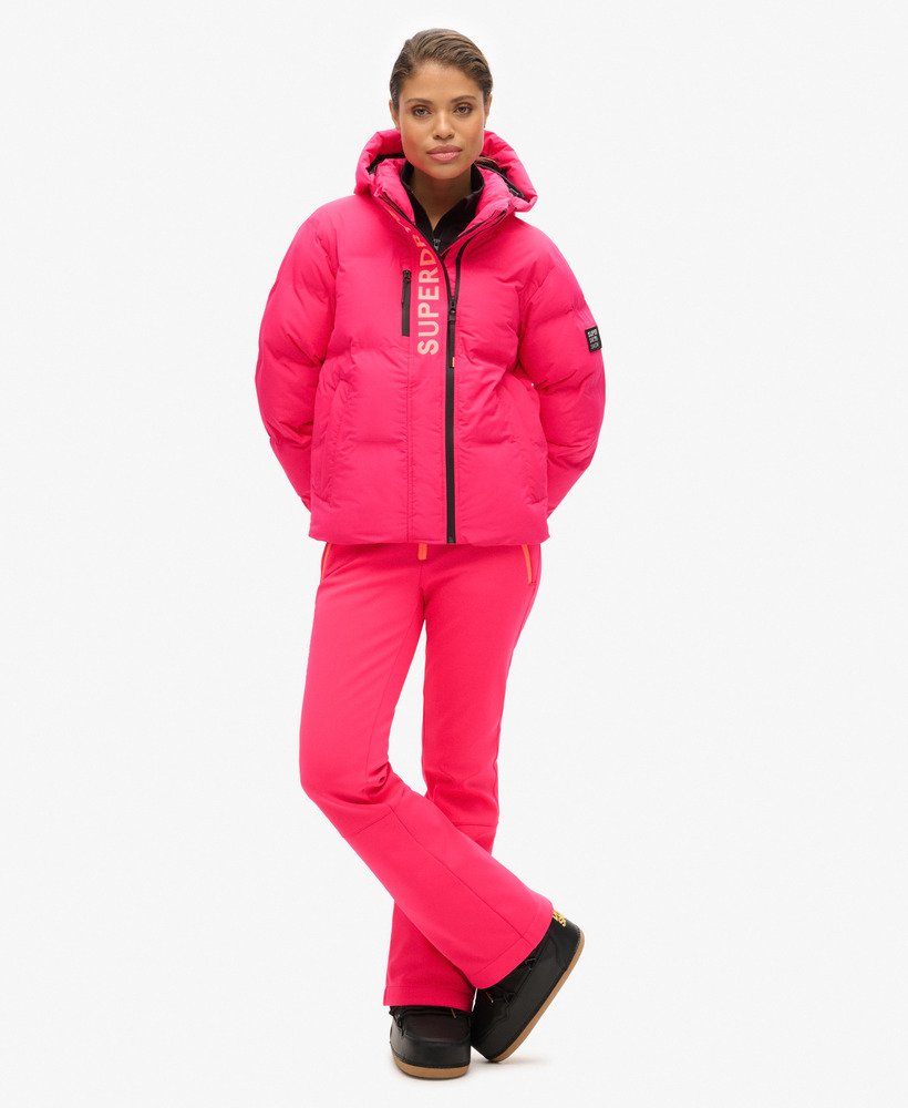 jaqueta puffer boxy com capuz para esqui na cor rosa hiper fire.