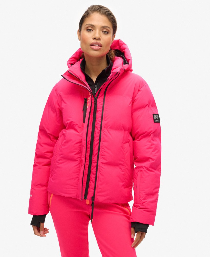 jaqueta puffer boxy com capuz para esqui na cor rosa hiper fire.