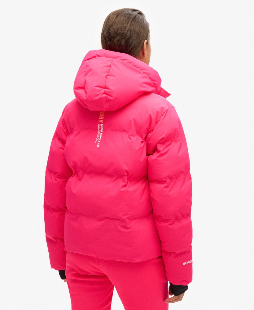 jaqueta puffer boxy com capuz para esqui na cor rosa hiper fire.