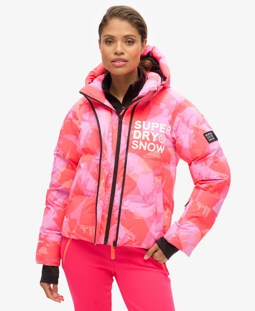 jaqueta puffer boxy com capuz para esqui na cor brush camo coral