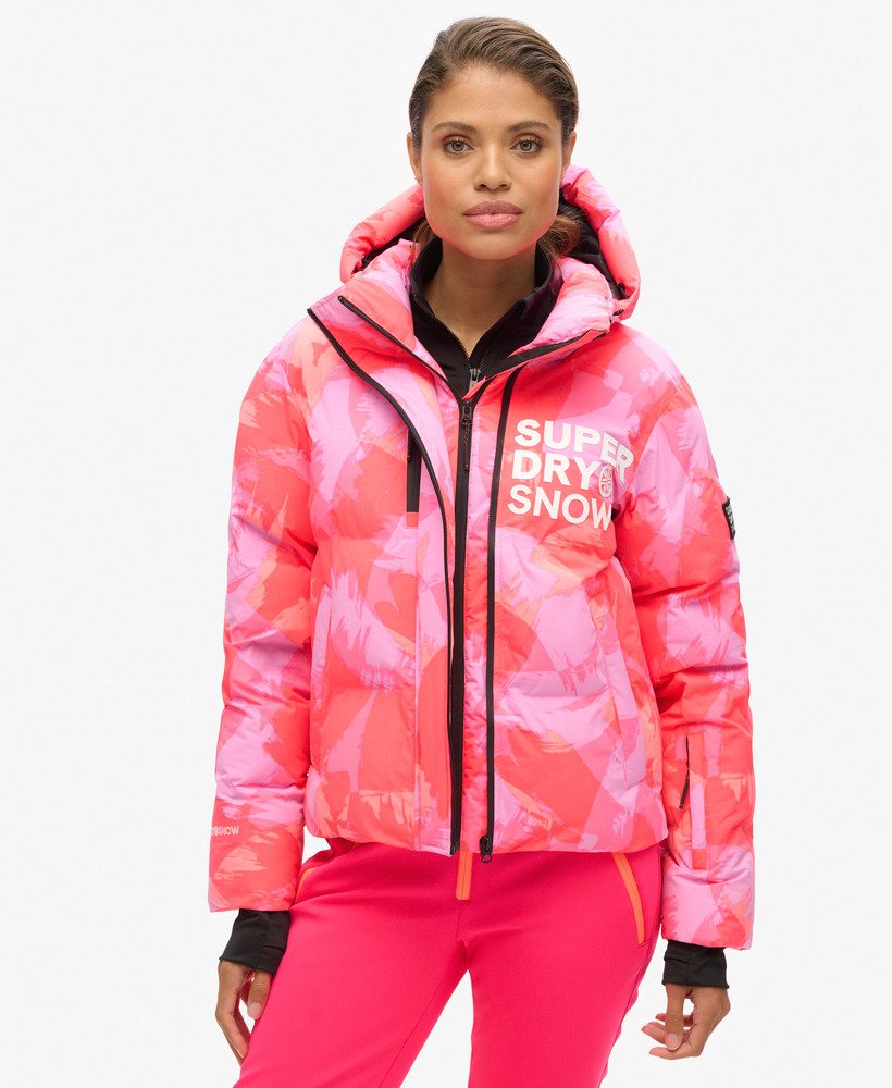 jaqueta puffer boxy com capuz para esqui na cor brush camo coral