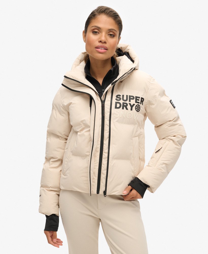 jaqueta puffer boxy com capuz para esqui na cor cinza off-shade.