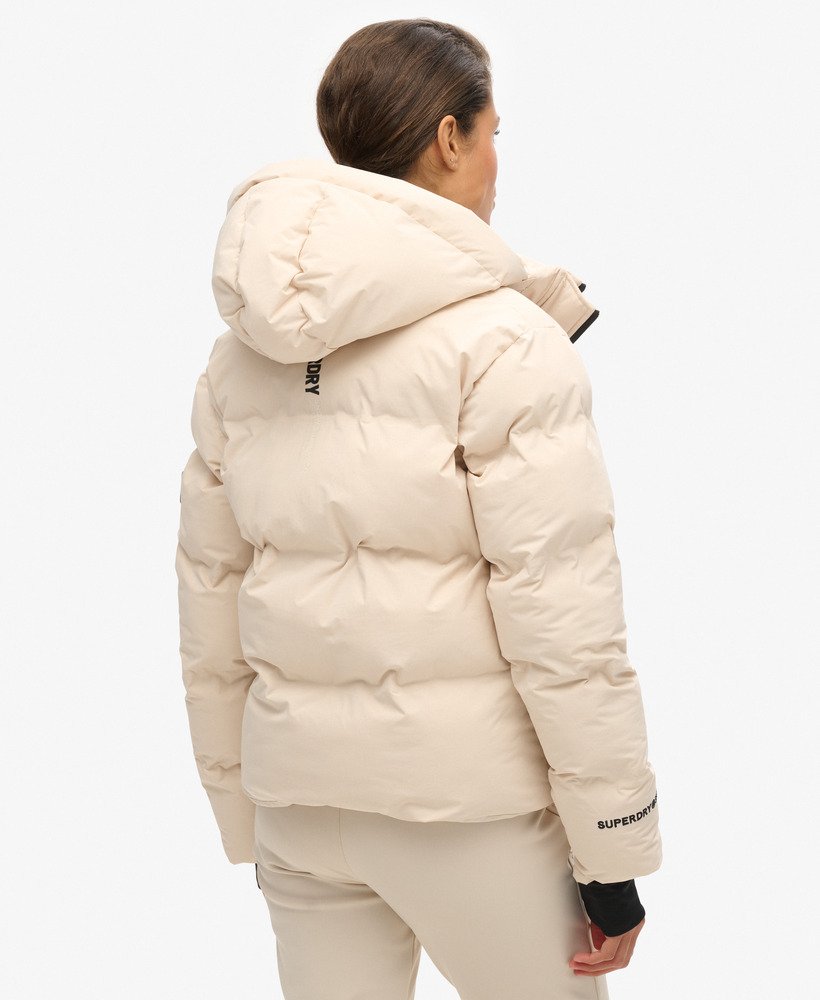 jaqueta puffer boxy com capuz para esqui na cor cinza off-shade.
