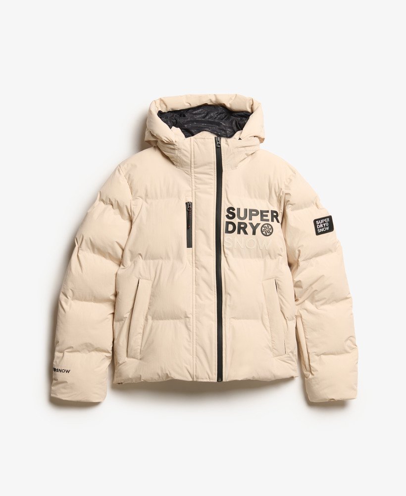 jaqueta puffer boxy com capuz para esqui na cor cinza off-shade.