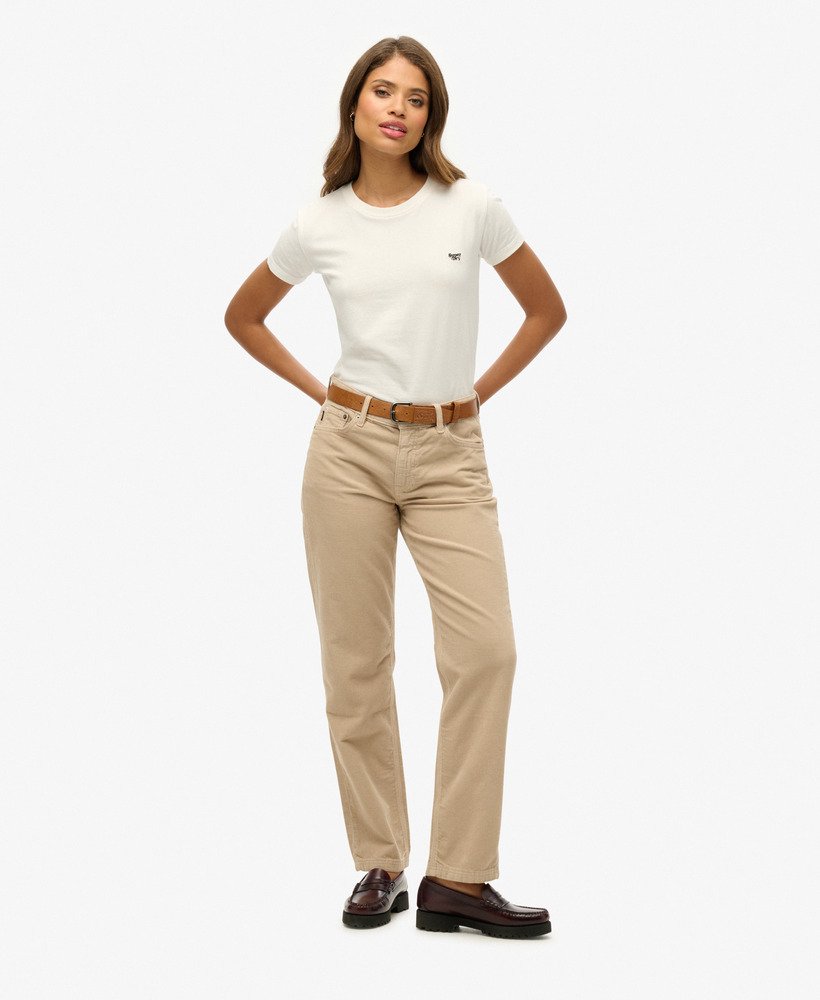 calça de veludo cotelê de perna reta na cor bege peyote