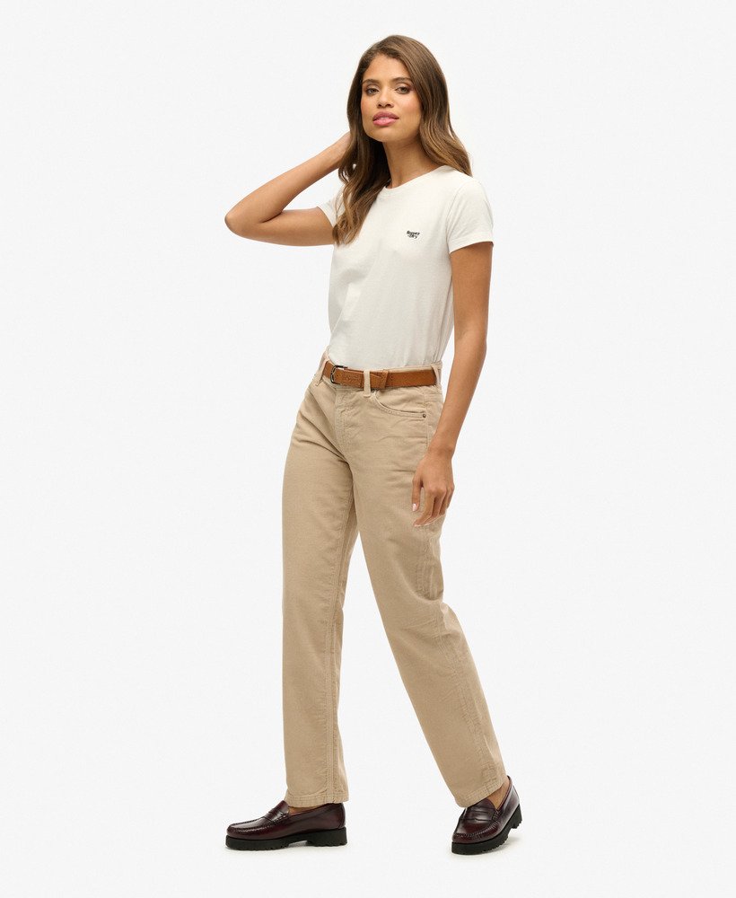 calça de veludo cotelê de perna reta na cor bege peyote