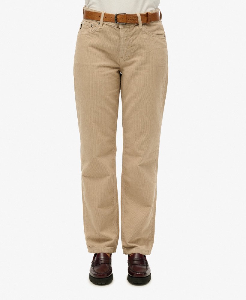 calça de veludo cotelê de perna reta na cor bege peyote