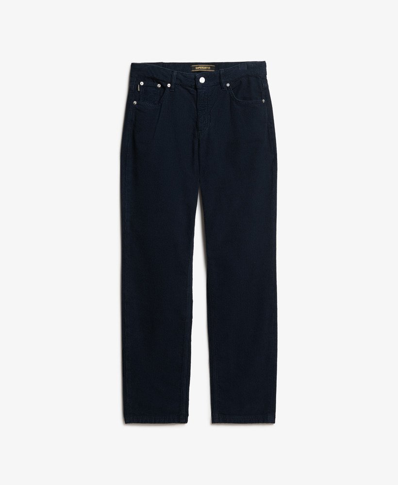 calça reta de veludo cotelê na cor azul marinho.