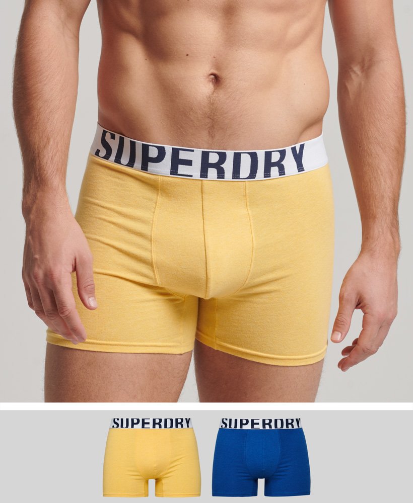 cuecas boxer de algodão orgânico com duplo logo pacote duplo nas cores mazarineamarelo náutico