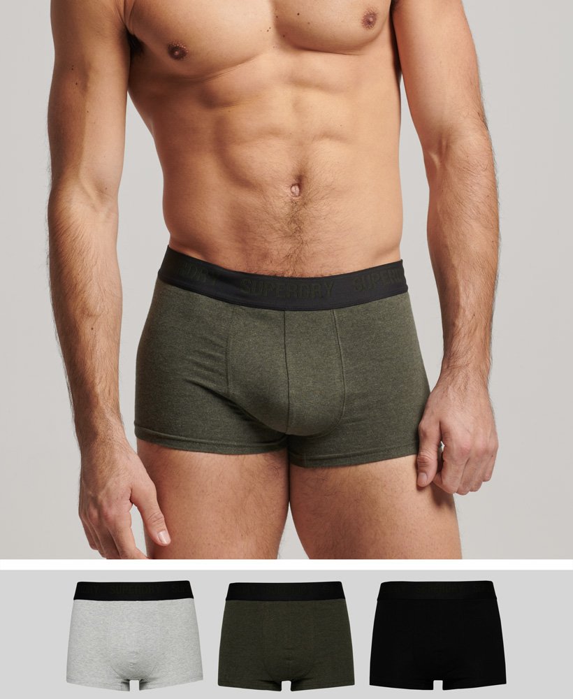 conjunto triplo de cuecas de algodão orgânico nas cores preto verde-oliva e cinza.