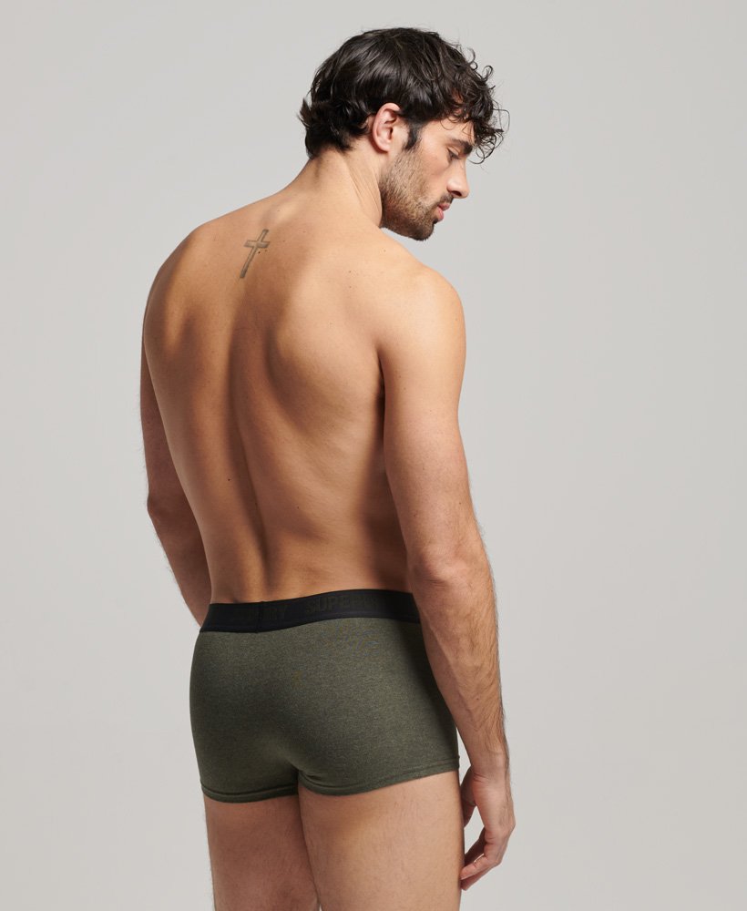 conjunto triplo de cuecas de algodão orgânico nas cores preto verde-oliva e cinza.
