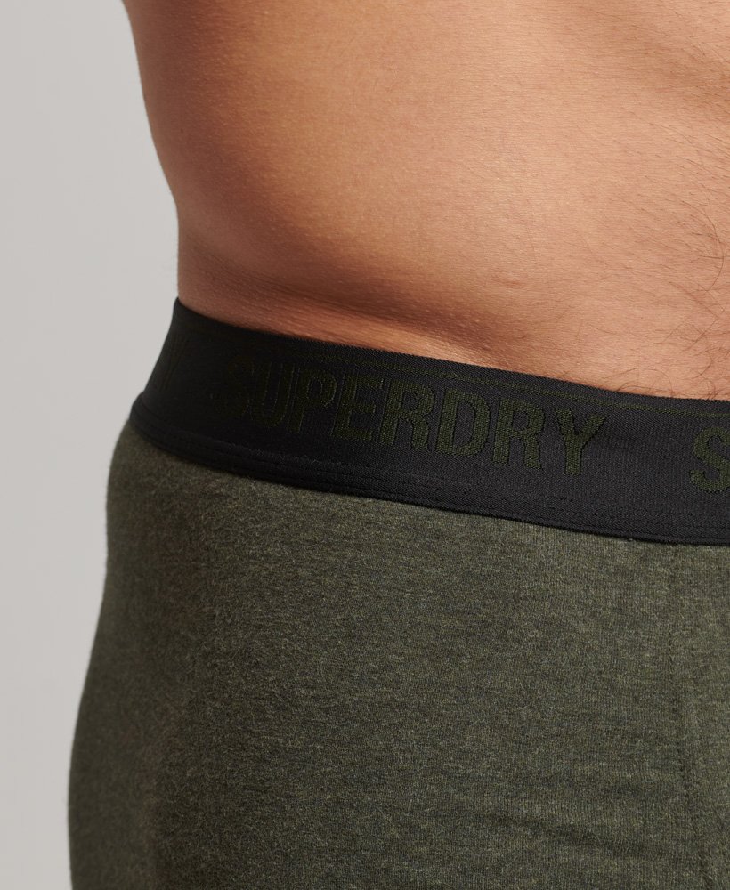 conjunto triplo de cuecas de algodão orgânico nas cores preto verde-oliva e cinza.
