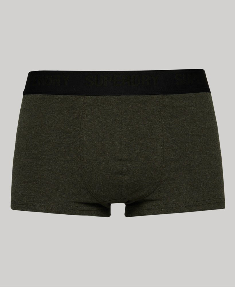conjunto triplo de cuecas de algodão orgânico nas cores preto verde-oliva e cinza.