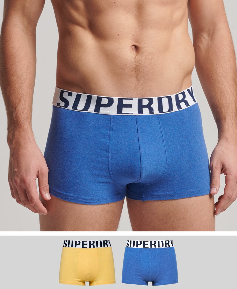 conjunto duplo trunk logo em algodão orgânico nas cores mazarineamarelo náutico