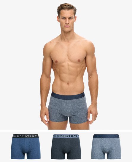pacote com três cuecas boxer de algodão orgânico nas cores cinza marinho fosco cinza Índigo mesclado e azul marinho mesclado.