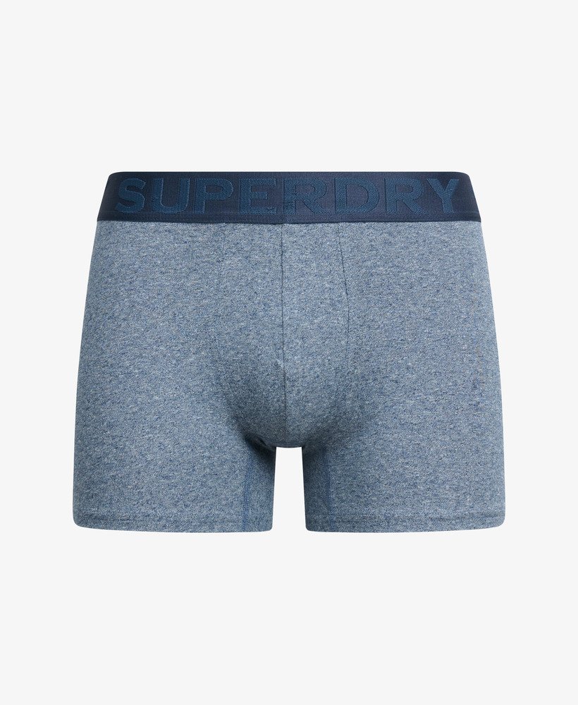 pacote com três cuecas boxer de algodão orgânico nas cores cinza marinho fosco cinza Índigo mesclado e azul marinho mesclado.
