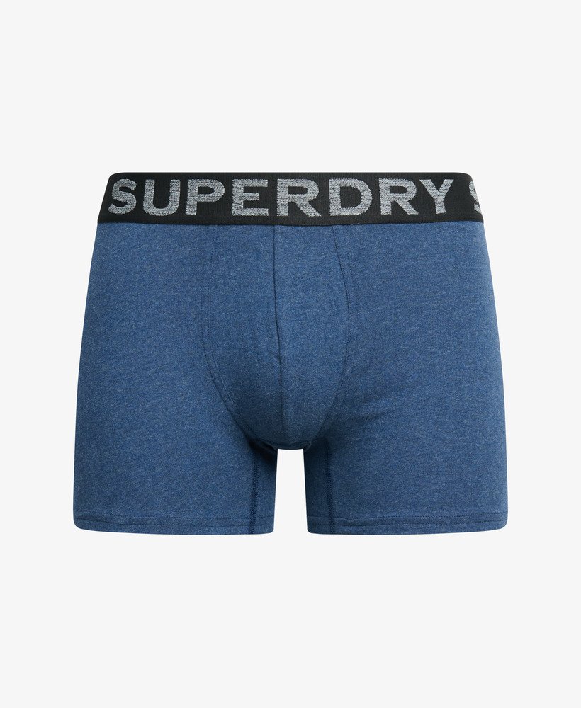 pacote com três cuecas boxer de algodão orgânico nas cores cinza marinho fosco cinza Índigo mesclado e azul marinho mesclado.